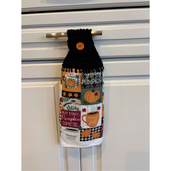 Crochet Top Kitchen Towel- Morning Pumpkin black top orange button - Picture 1 of 2